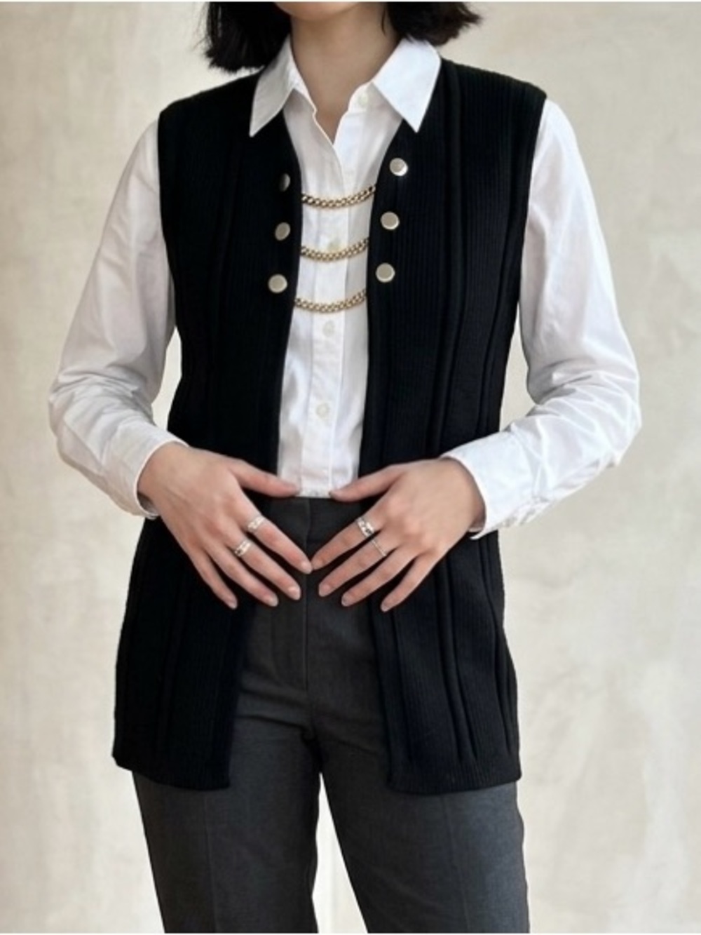 Jane Irwill Vintage Pure Virgin Wool Vest Chain Detail Gothic Prep Black